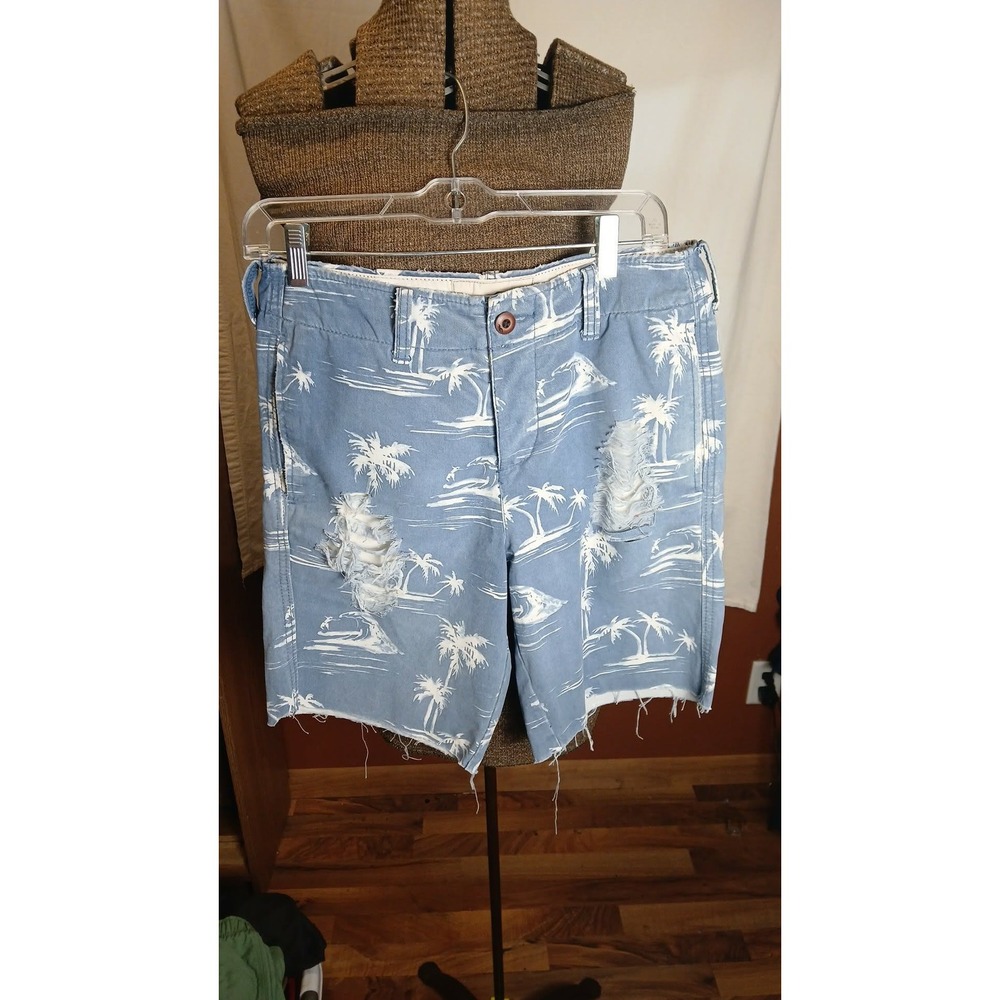Hollister Mens 28 Blue Tropical Palm Tree Distressed Raw Hem Chino Shorts